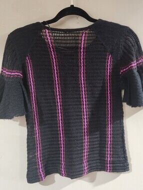 Free People Babes Only Full Crochet Sheer Top in Black Hot Pink, Side Tie Sz Sm
